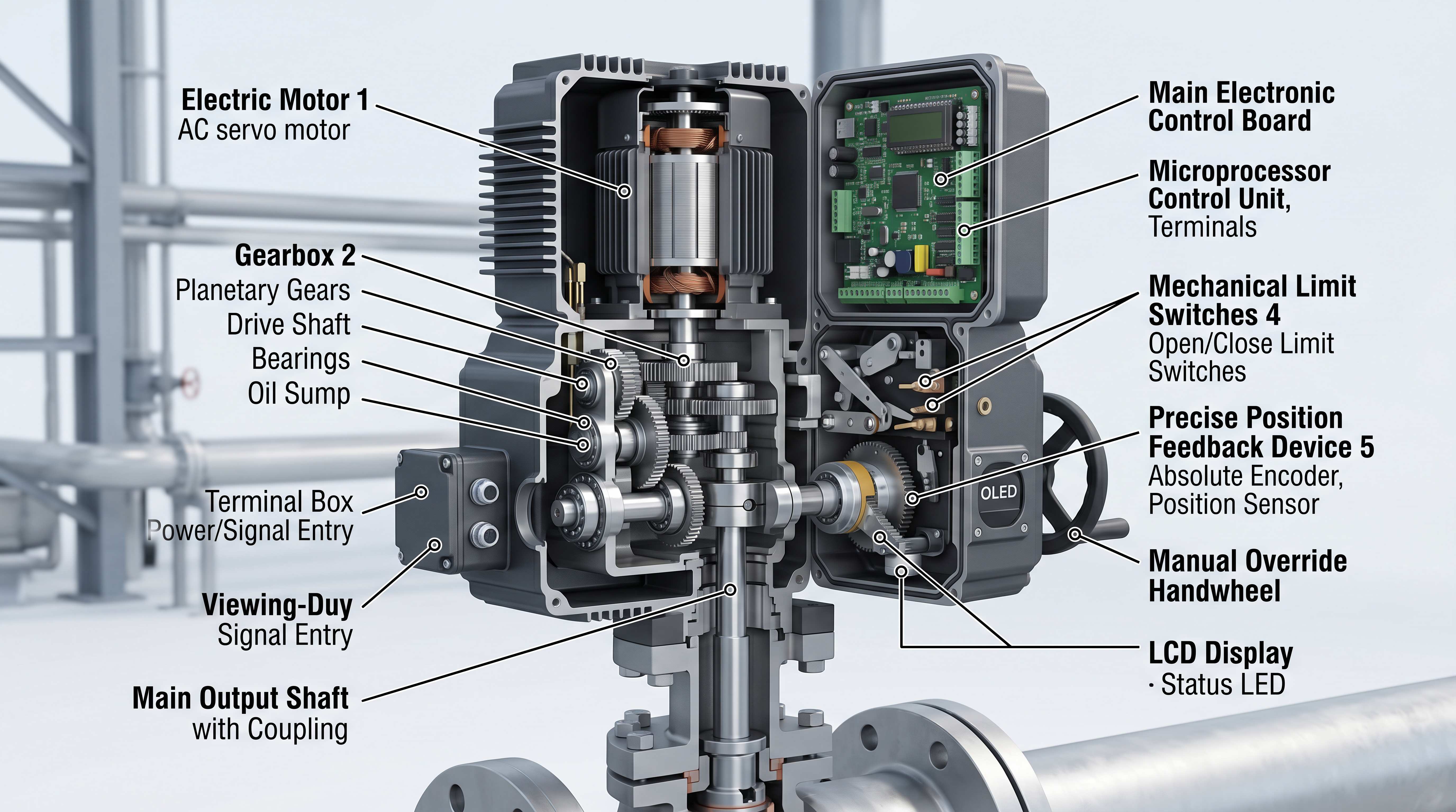 Cutaway diagram showing motor gearbox control board limit switches and position feedback inside an electric valve actuator